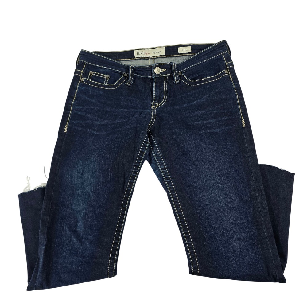 BKE Payton Bootcut Jeans Dark Wash Frayed Hem Contrast Stitch 28R‎